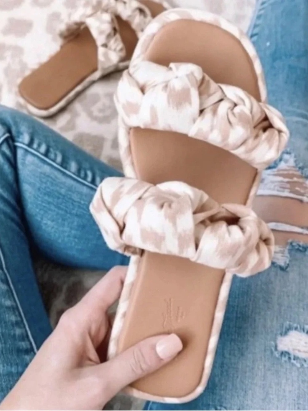 Woven Double-Strap Slide Sandals in Neutral Beige